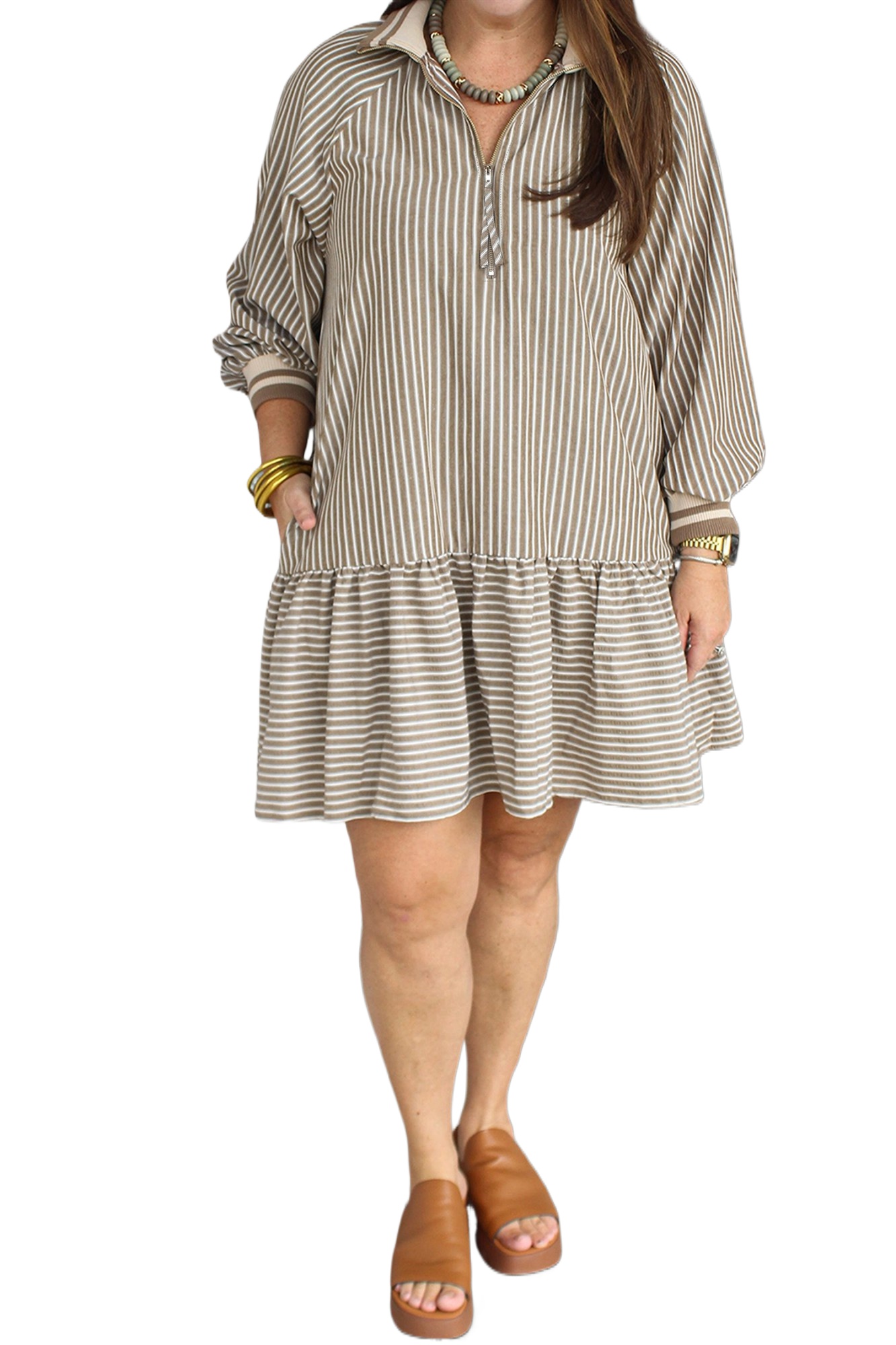 Women's Khaki Stripe Puff Sleeve Mini Dress – Casual Daily Wear for Spring - Main View Women's Khaki Stripe Puff Sleeve Mini Dress – Casual Daily Wear for Spring - Main View