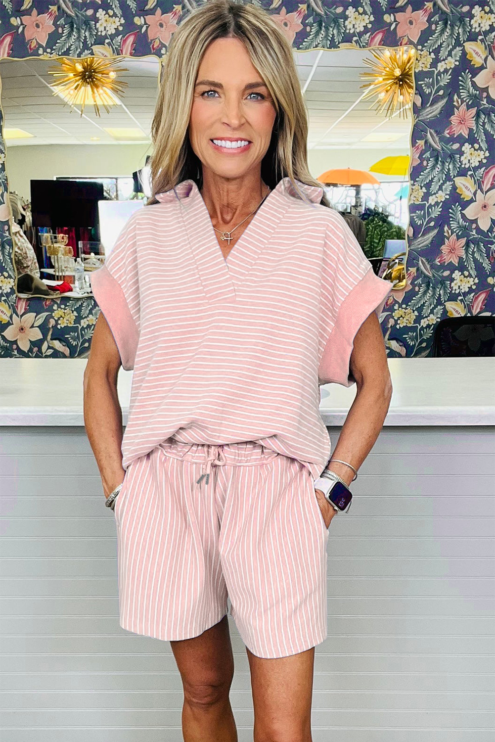 Women's Pink Striped Polo Set – Casual V-Neck Dolman Sleeve Top and Drawstring Shorts - Detail View 7 Women's Pink Striped Polo Set – Casual V-Neck Dolman Sleeve Top and Drawstring Shorts - Detail View 7