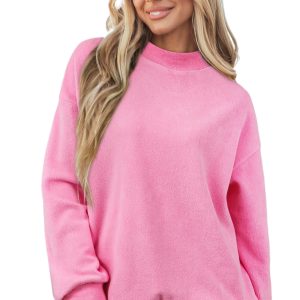Women's Bright Pink Oversize Drop Shoulder Mock Neck Sweatshirt – Casual Fall Essential - Main View