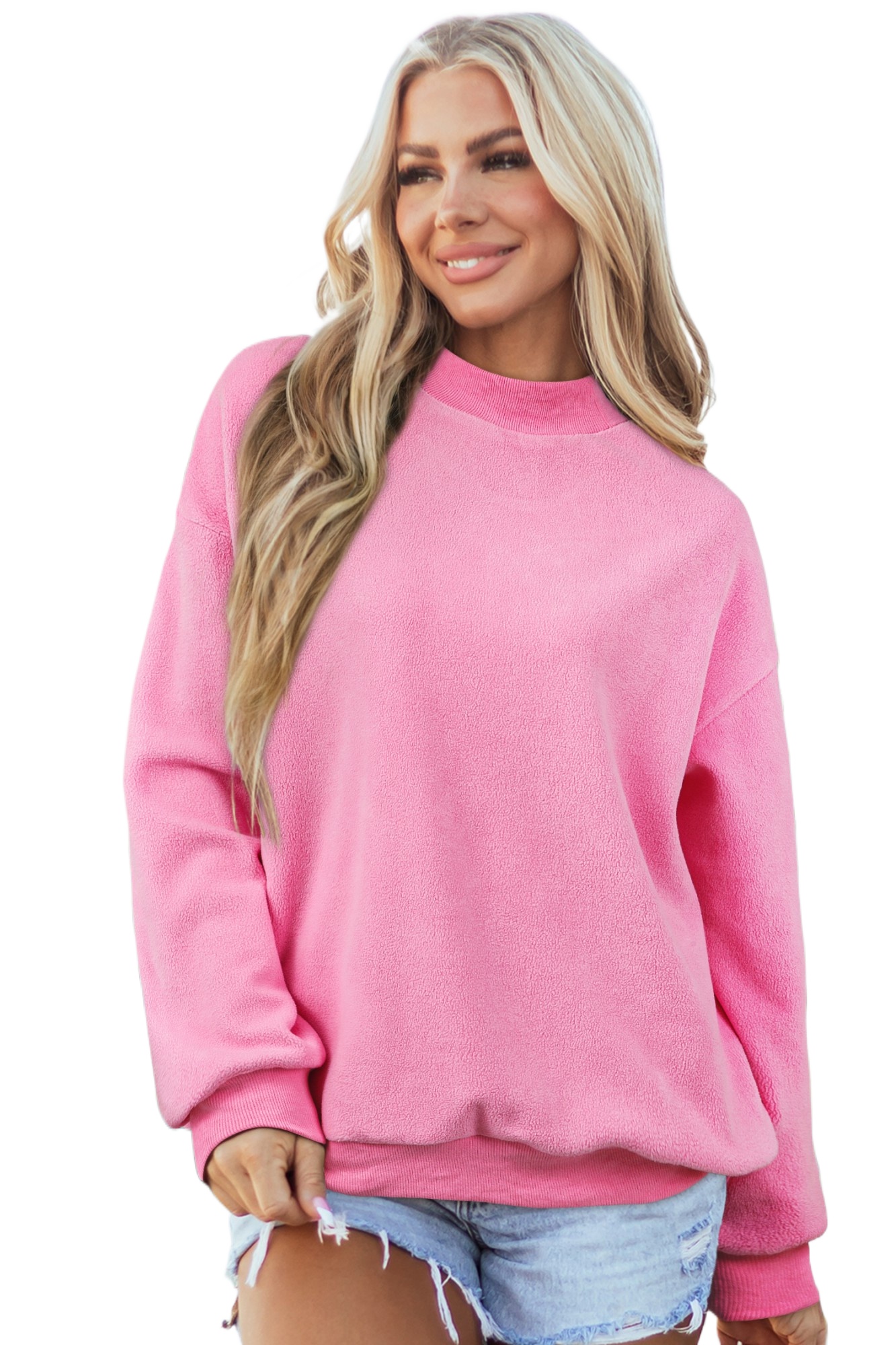 Women's Bright Pink Oversize Drop Shoulder Mock Neck Sweatshirt – Casual Fall Essential - Main View Women's Bright Pink Oversize Drop Shoulder Mock Neck Sweatshirt – Casual Fall Essential - Main View