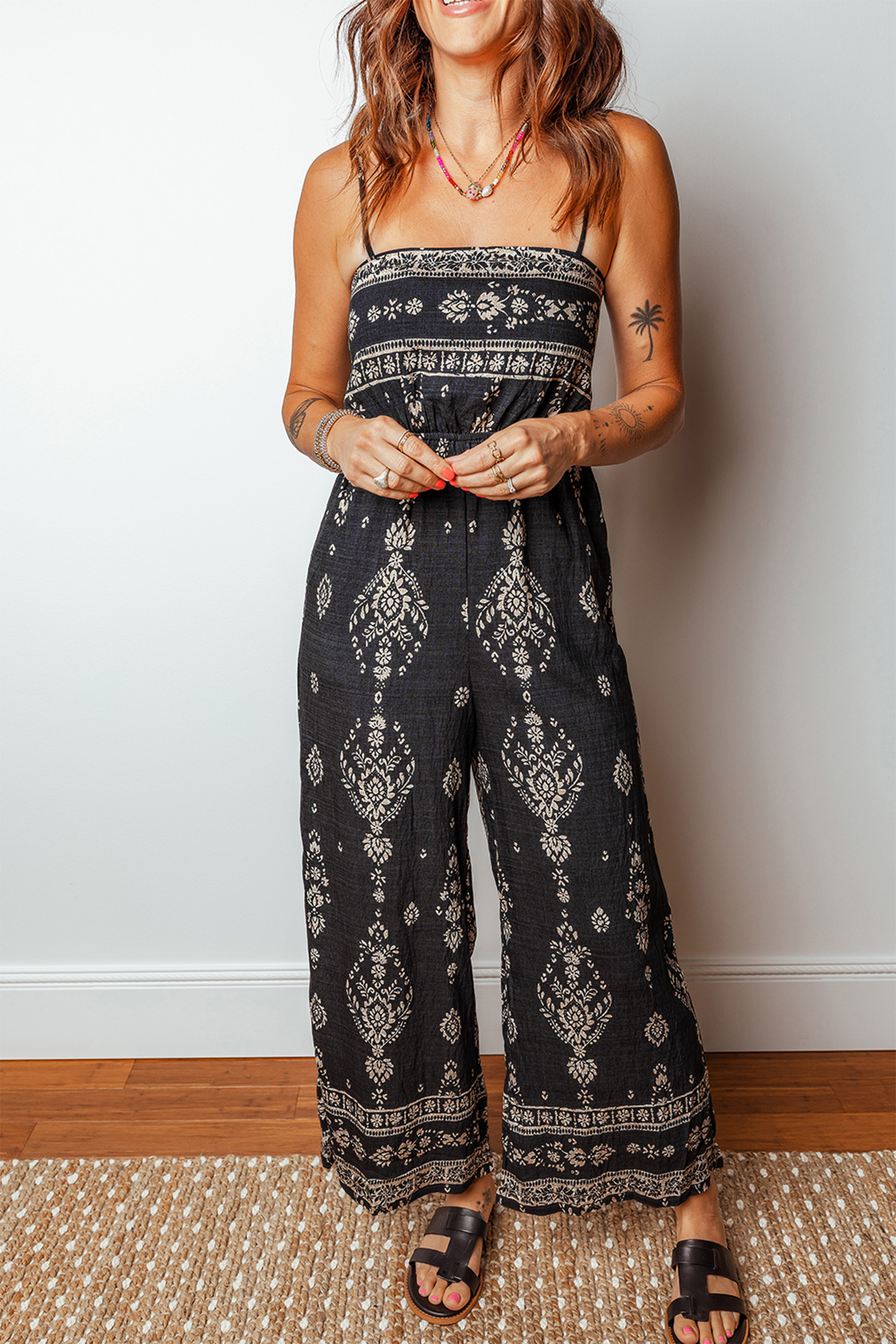Women's Boho Wide Leg Jumpsuit – Casual Summer Romper - Detail View 7 Women's Boho Wide Leg Jumpsuit – Casual Summer Romper - Detail View 7