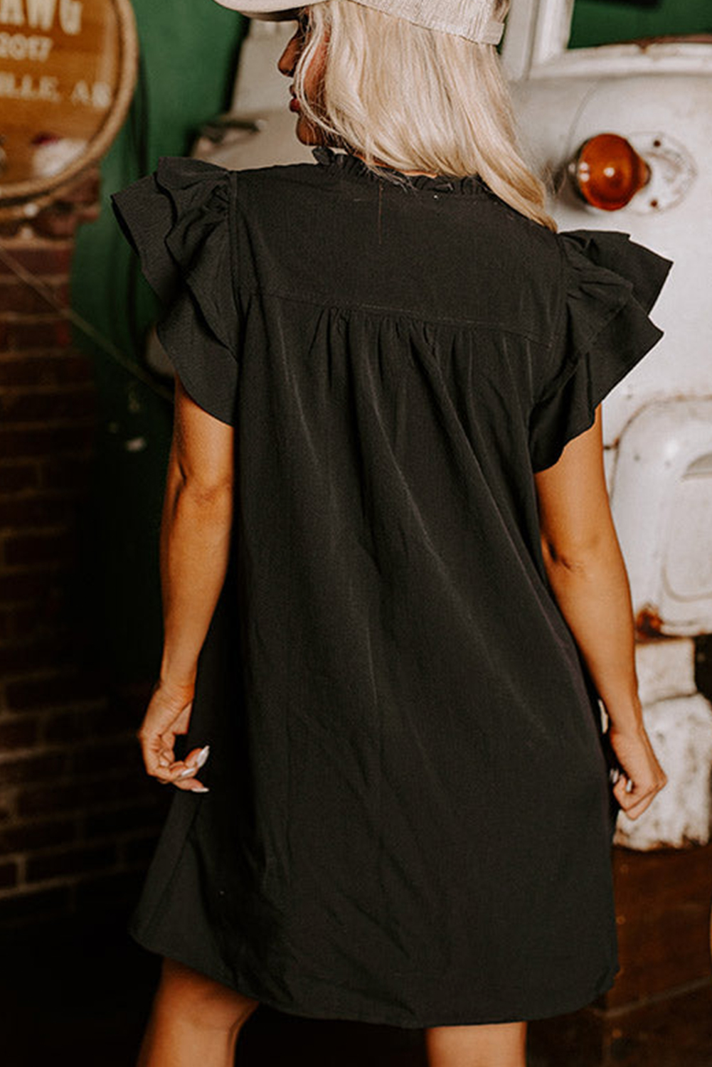 Chic Black Ruffled Shift Dress with V Neck and Pleated Accents for Casual Wear - Detail View 2 Chic Black Ruffled Shift Dress with V Neck and Pleated Accents for Casual Wear - Detail View 2