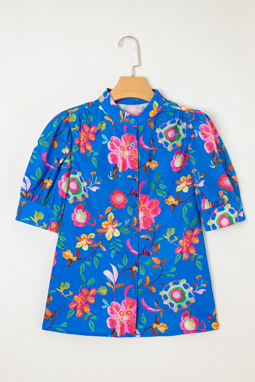 Women's Shirt, Blue Floral, Short Puff Sleeve, Button Up, Summer Fashion, Lightweight, Comfortable, Casual Wear, Feminine Style, Versatile Piece, Tops, Blouses & Shirts, Daily Fashion - Detail View 4 Women's Shirt, Blue Floral, Short Puff Sleeve, Button Up, Summer Fashion, Lightweight, Comfortable, Casual Wear, Feminine Style, Versatile Piece, Tops, Blouses & Shirts, Daily Fashion - Detail View 4