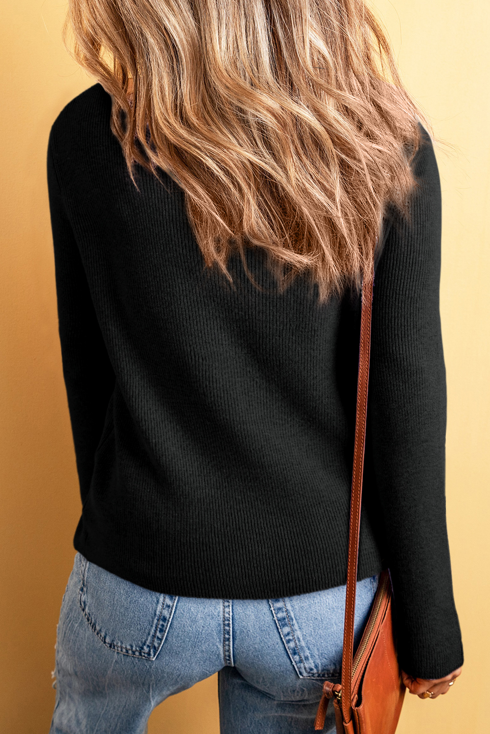 Cozy and Stylish Black Ribbed Cardigan - Long Sleeve V Neck with Button Front - Detail View 2 Cozy and Stylish Black Ribbed Cardigan - Long Sleeve V Neck with Button Front - Detail View 2