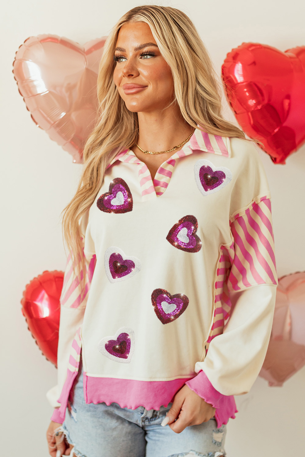Women's Top, Pink Stripe, Patchwork, Sequin Heart Pattern, Long Sleeve, Collared Neckline, Casual Style, Split Detail, Trendy Graphic Tops, Fashionable Flair, Daily Wear, Versatile Styling, Cotton Blend, Comfortable - Detail View 4 Women's Top, Pink Stripe, Patchwork, Sequin Heart Pattern, Long Sleeve, Collared Neckline, Casual Style, Split Detail, Trendy Graphic Tops, Fashionable Flair, Daily Wear, Versatile Styling, Cotton Blend, Comfortable - Detail View 4