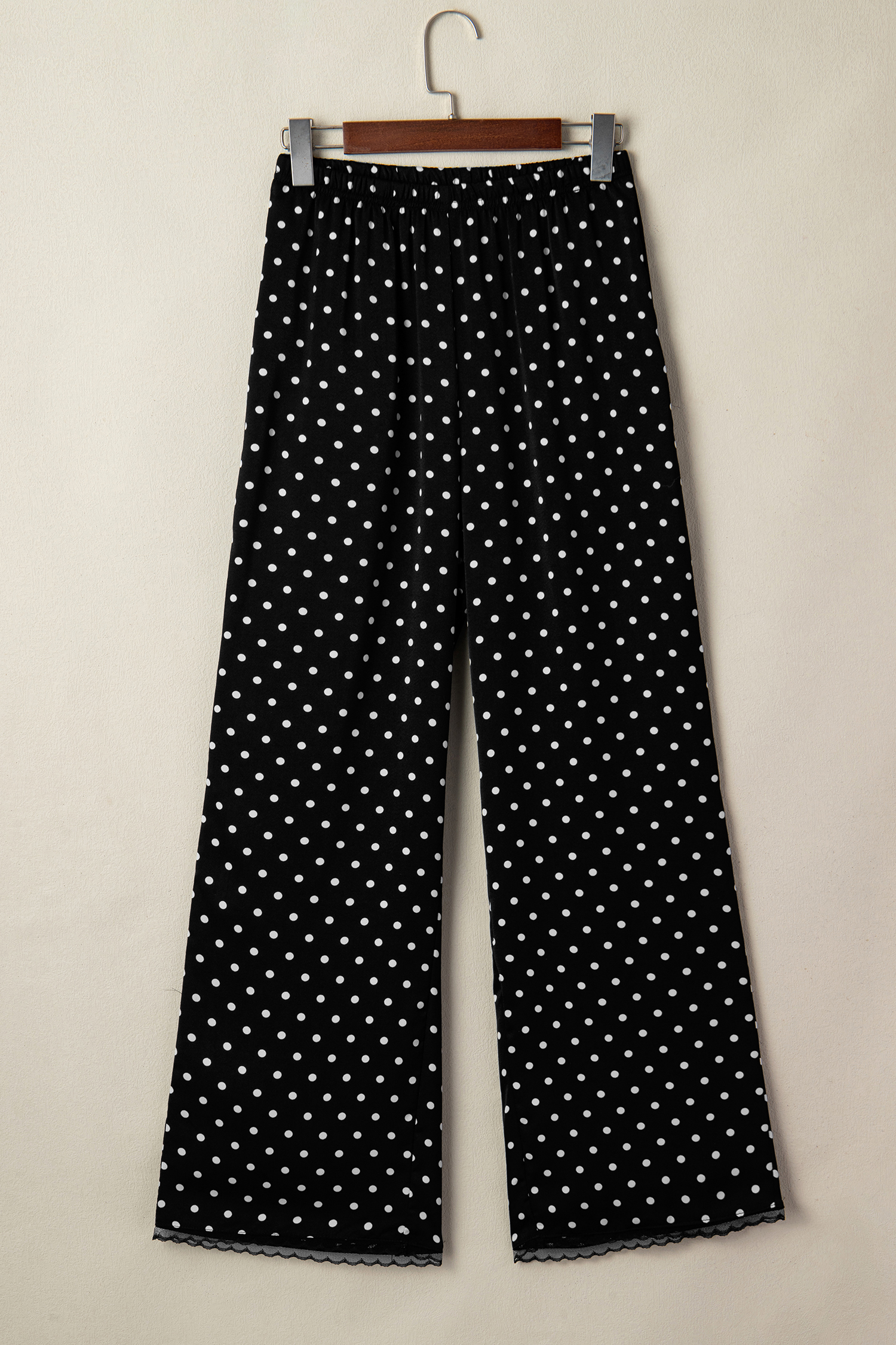 Elastic Waist Polka Dot Pants for Women – Comfortable Shift Silhouette Trousers with Delicate Lace Hem Detail - Detail View 8 Elastic Waist Polka Dot Pants for Women – Comfortable Shift Silhouette Trousers with Delicate Lace Hem Detail - Detail View 8