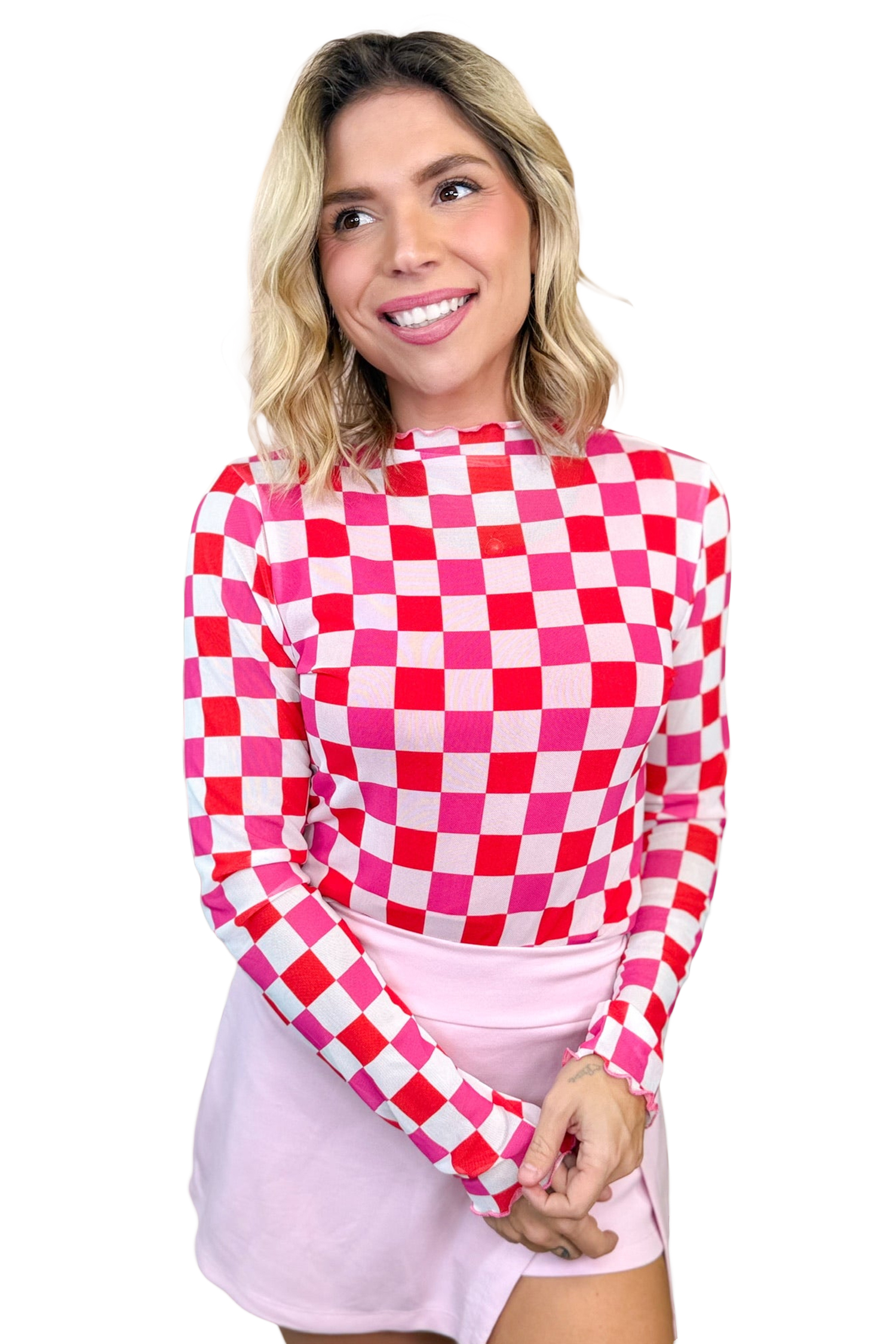 Women's Sheer Plaid Shirt, Stylish Long Sleeve Mesh Top - Detail View 3 Women's Sheer Plaid Shirt, Stylish Long Sleeve Mesh Top - Detail View 3