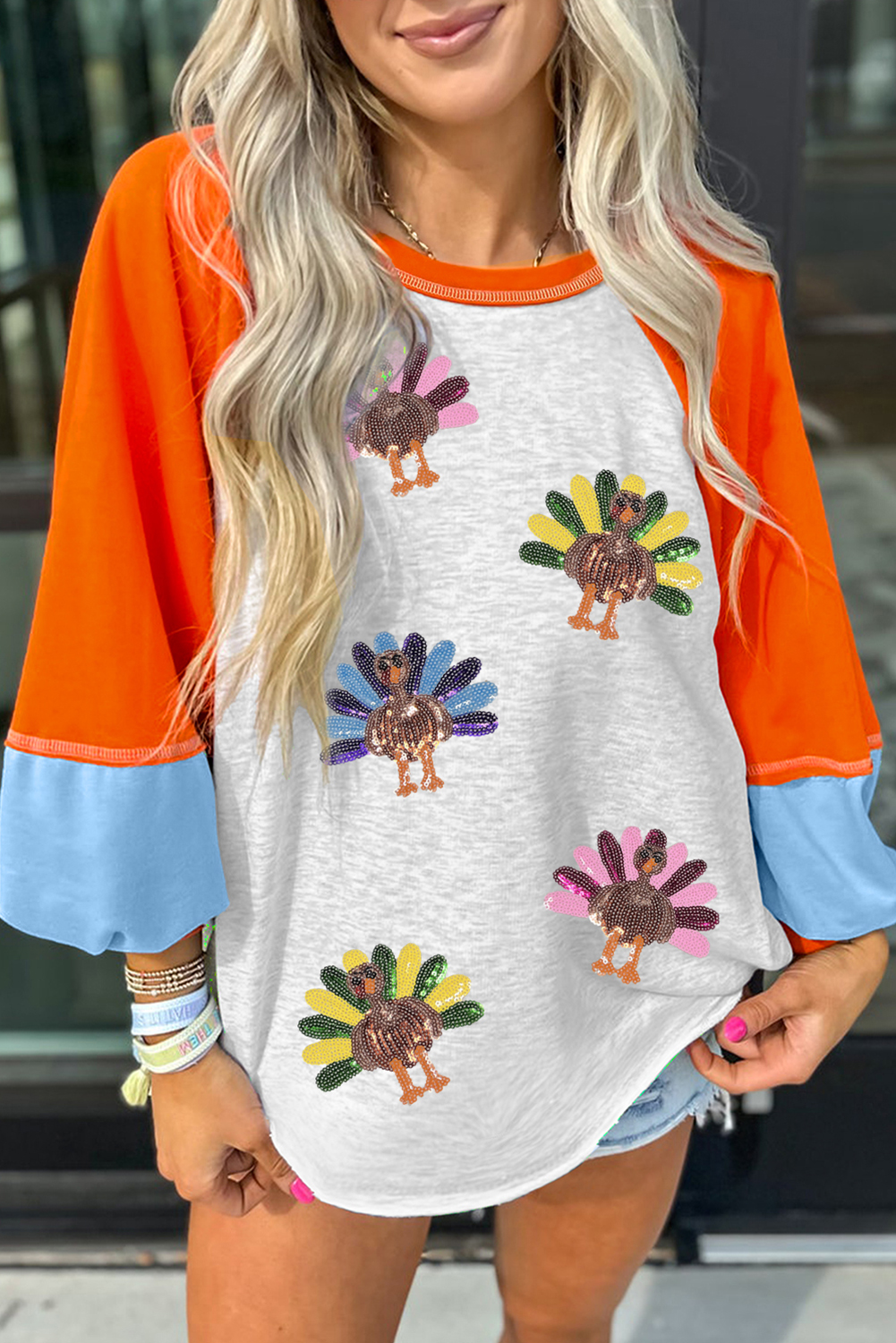 Women's Light Grey Thanksgiving Turkey Sequin Graphic Top – Casual Color Block Long Sleeve for Fall Celebrations - Detail View 7 Women's Light Grey Thanksgiving Turkey Sequin Graphic Top – Casual Color Block Long Sleeve for Fall Celebrations - Detail View 7