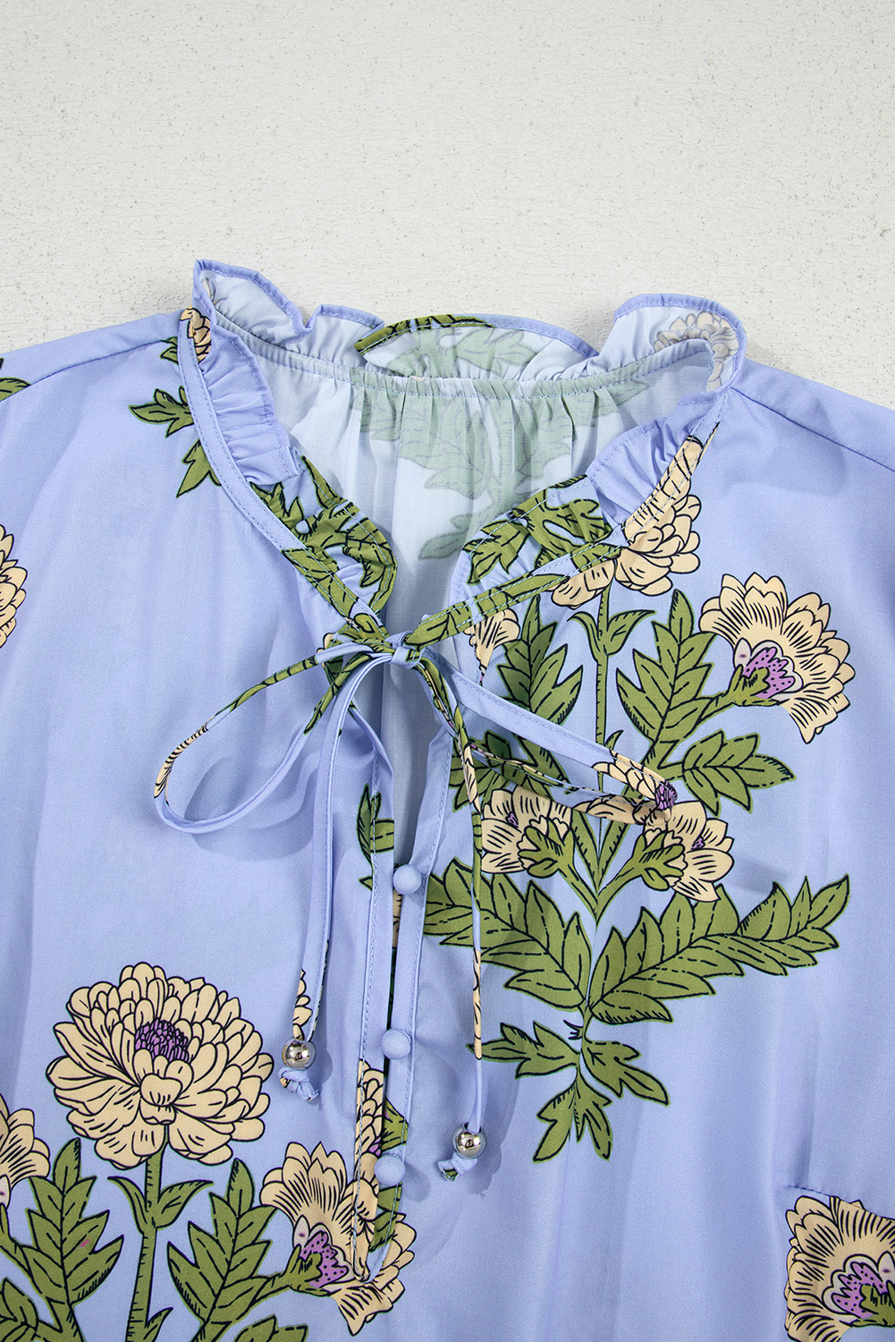 Elegant Sky Blue V Neck Blouse with Floral Print and Long Sleeves for Daily Wear - Detail View 6 Elegant Sky Blue V Neck Blouse with Floral Print and Long Sleeves for Daily Wear - Detail View 6