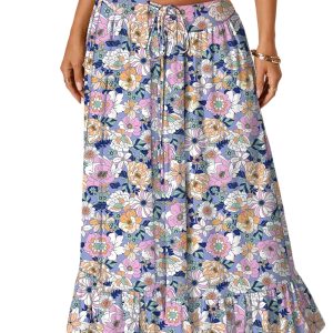 Women's Pink Floral Maxi Skirt – High Waist Lace-Up Ruffle Hem Long Skirt, Casual Southern Belle Style - Main View