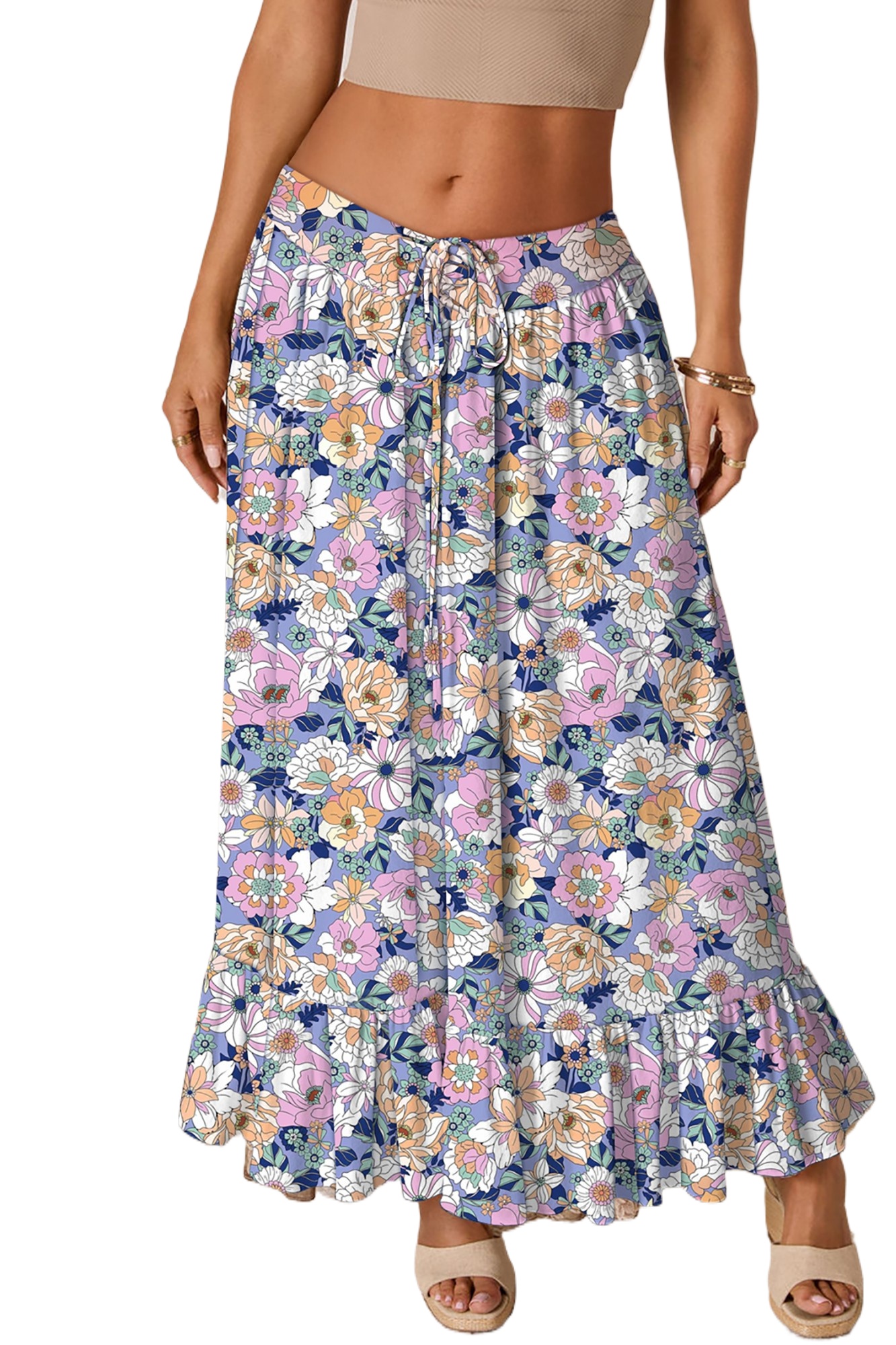 Women's Pink Floral Maxi Skirt – High Waist Lace-Up Ruffle Hem Long Skirt, Casual Southern Belle Style - Main View Women's Pink Floral Maxi Skirt – High Waist Lace-Up Ruffle Hem Long Skirt, Casual Southern Belle Style - Main View