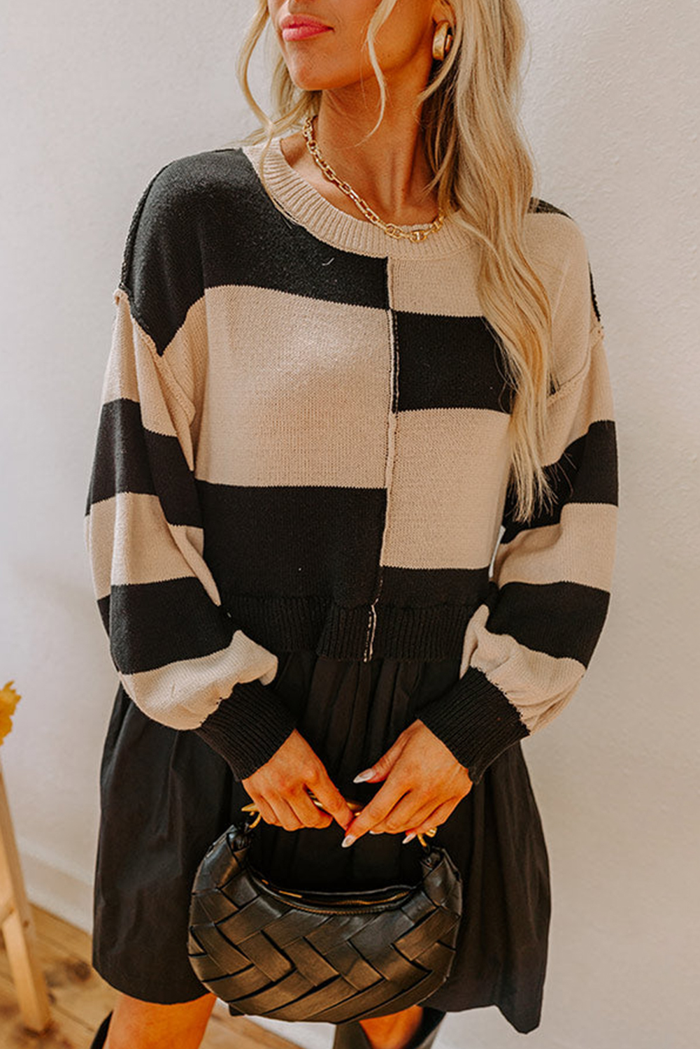 Casual Long Sleeve Black Stripe Sweater Dress with Color Block Design - Detail View 6 Casual Long Sleeve Black Stripe Sweater Dress with Color Block Design - Detail View 6