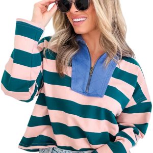 Women's Striped Quarter Zip Top, Casual Long Sleeve Pullover - Main View