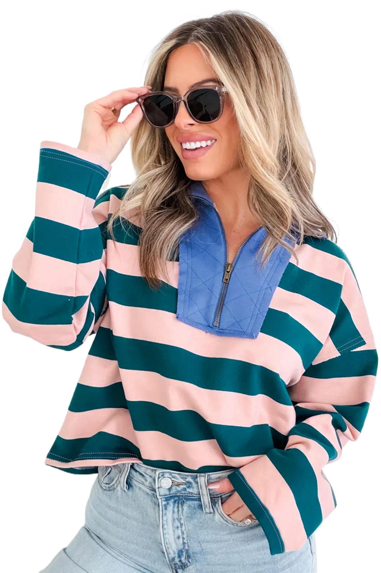 Women's Striped Quarter Zip Top, Casual Long Sleeve Pullover - Main View Women's Striped Quarter Zip Top, Casual Long Sleeve Pullover - Main View
