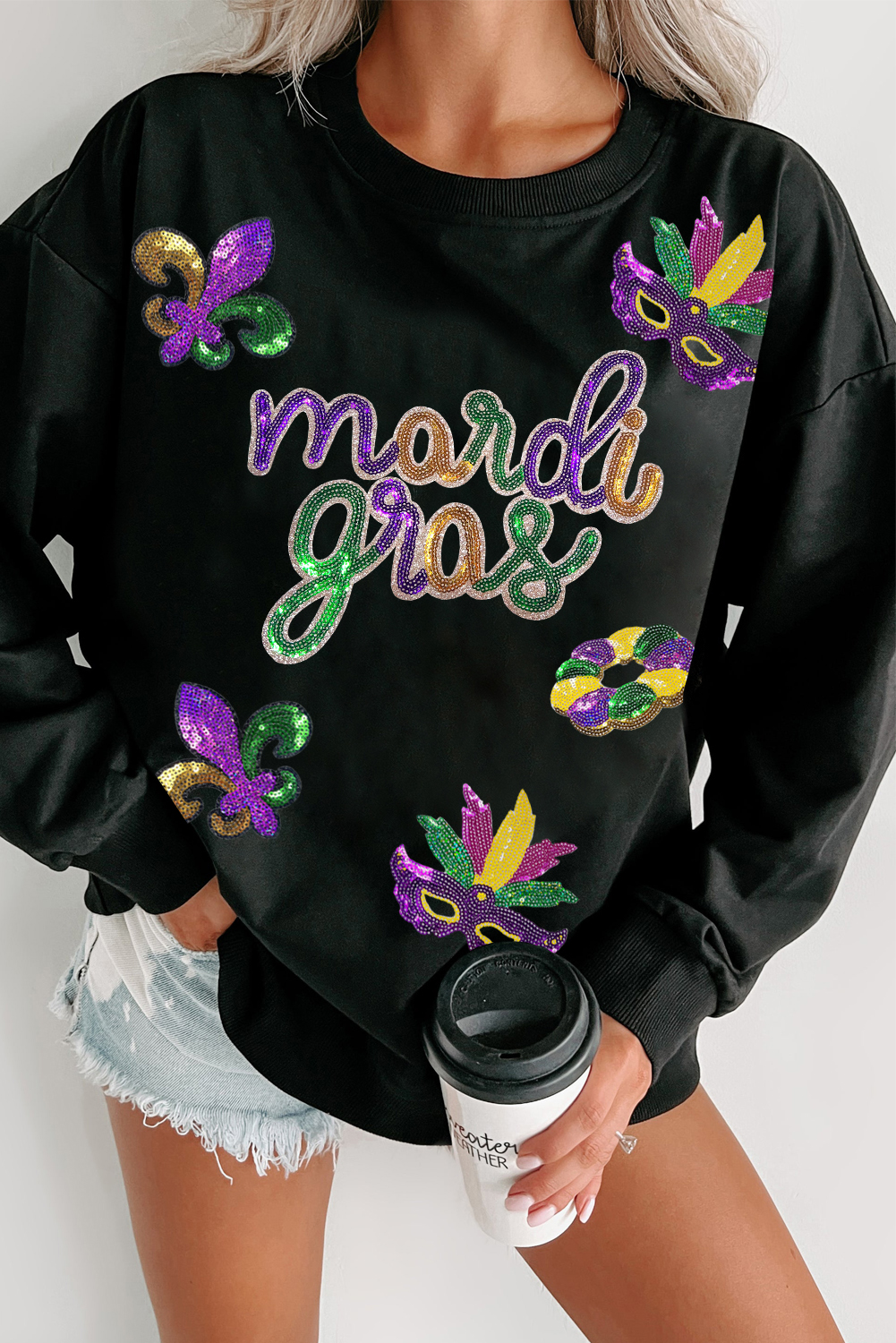 Sparkling Black Pullover Sweatshirt with Mardi Gras Fleur de Lis Design - Detail View 2 Sparkling Black Pullover Sweatshirt with Mardi Gras Fleur de Lis Design - Detail View 2