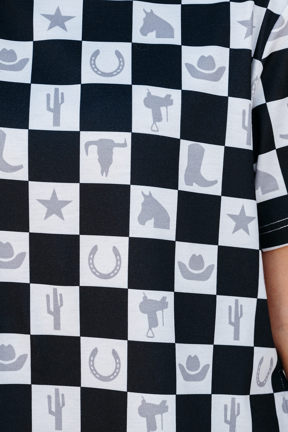 Women's Black Western Fashion Checkerboard Print Side Split T-Shirt - Detail View 21 Women's Black Western Fashion Checkerboard Print Side Split T-Shirt - Detail View 21