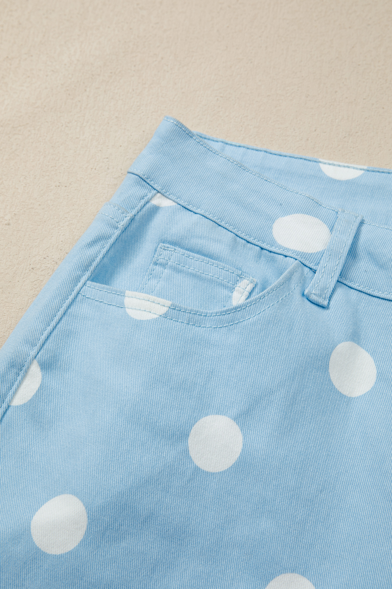 Women's Sky Blue Polka Dot High Waist Jeans – Casual Denim Shift Pants with Pockets - Detail View 13 Women's Sky Blue Polka Dot High Waist Jeans – Casual Denim Shift Pants with Pockets - Detail View 13