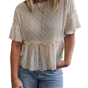 Elegant Women's Beige Solid Color Textured Ruffled Short Sleeve Blouse - Main View