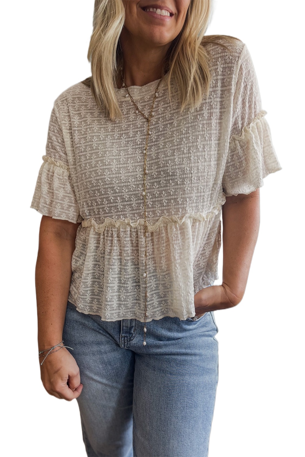 Elegant Women's Beige Solid Color Textured Ruffled Short Sleeve Blouse - Main View Elegant Women's Beige Solid Color Textured Ruffled Short Sleeve Blouse - Main View