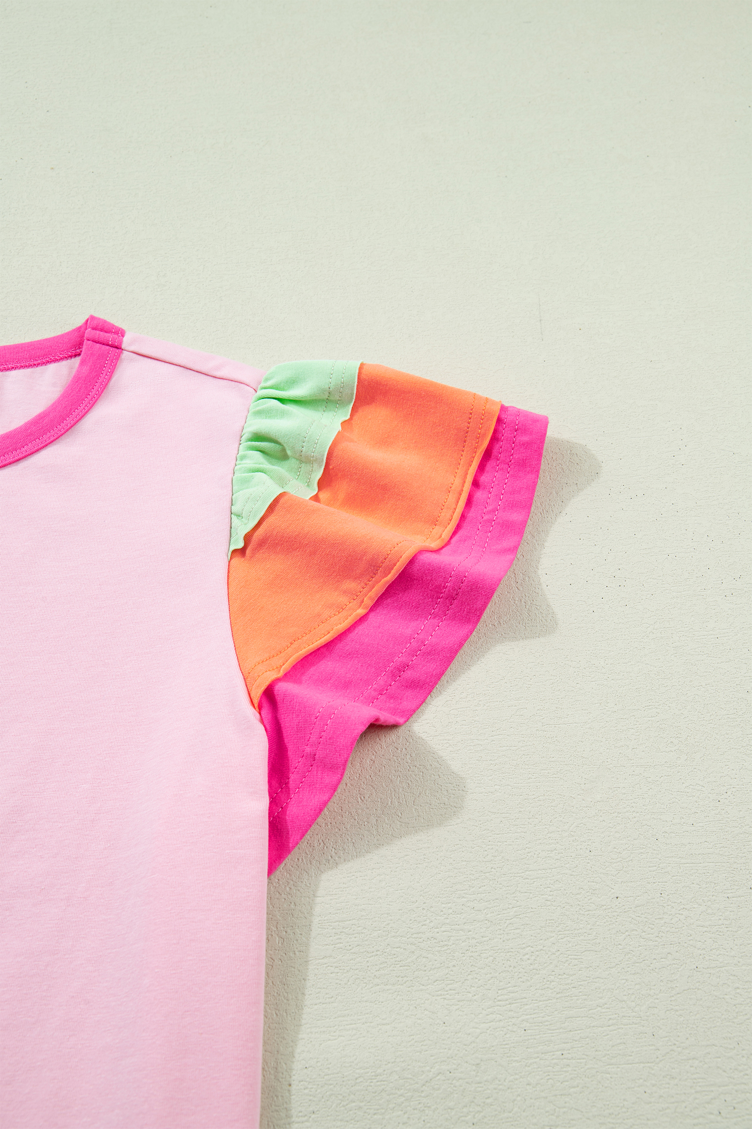 Women's Pink Colorblock T-Shirt – Short Sleeve Ruffle Sleeve Top, Casual Round Neck Patchwork Tee for Summer - Detail View 7 Women's Pink Colorblock T-Shirt – Short Sleeve Ruffle Sleeve Top, Casual Round Neck Patchwork Tee for Summer - Detail View 7