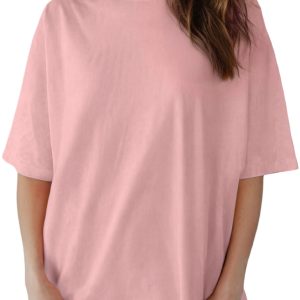 Women's Pink High Neck Oversize Tee – Casual Short Sleeve Cotton Blend Shirt for Daily Wear - Main View