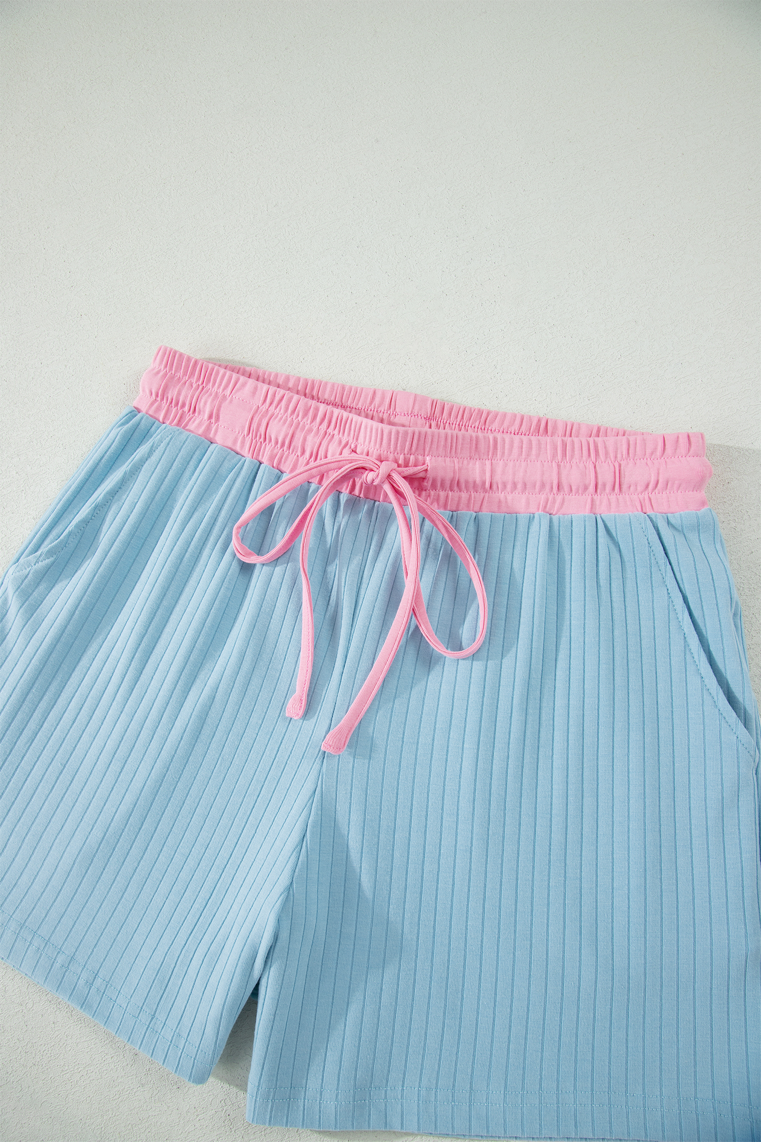 Women's Mist Blue Ribbed Short Set – Casual Color Block Two-Piece Outfit for Daily Wear - Detail View 10 Women's Mist Blue Ribbed Short Set – Casual Color Block Two-Piece Outfit for Daily Wear - Detail View 10