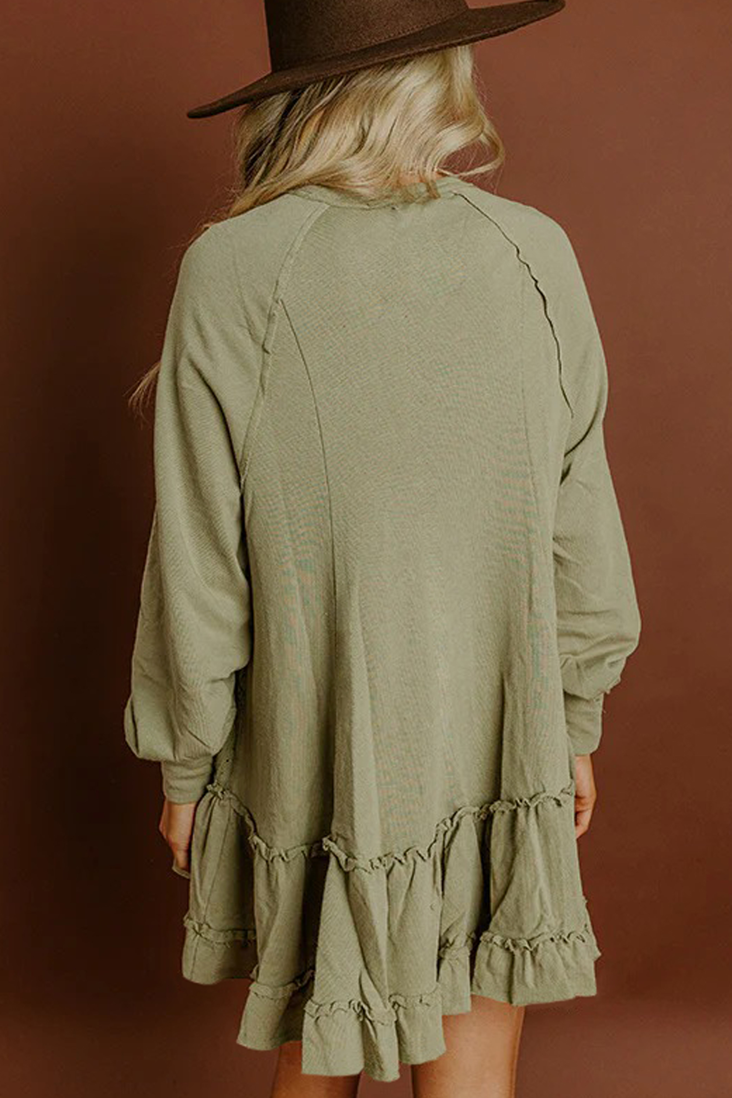 Stylish Ruffled Long Sleeve Mini Dress in Laurel Green – Ideal for Casual Spring Days - Detail View 3 Stylish Ruffled Long Sleeve Mini Dress in Laurel Green – Ideal for Casual Spring Days - Detail View 3