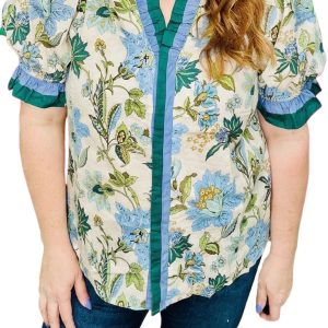 Sky Blue Floral Blouse for Women – Casual Short Sleeve V Neck Top for Summer Outings - Main View