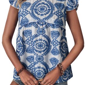 Women's Blue Boho Print Flutter Sleeve Crew Neck Blouse - Casual Floral Top - Main View