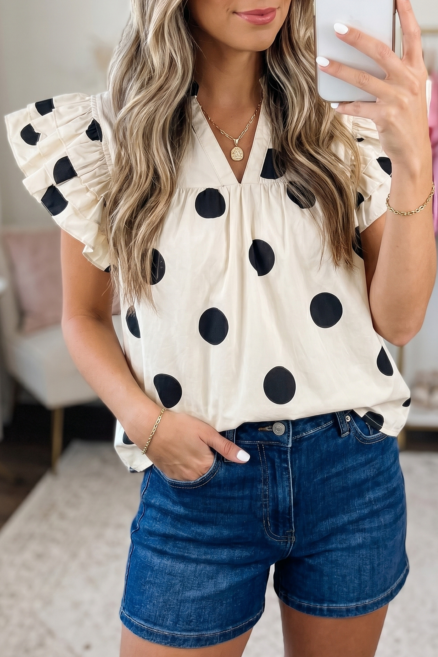 Women's Summer Ruffle Sleeve Blouse – Apricot Polka Dot V-Neck Shift Top, Breathable Casual Outfit - Detail View 3 Women's Summer Ruffle Sleeve Blouse – Apricot Polka Dot V-Neck Shift Top, Breathable Casual Outfit - Detail View 3