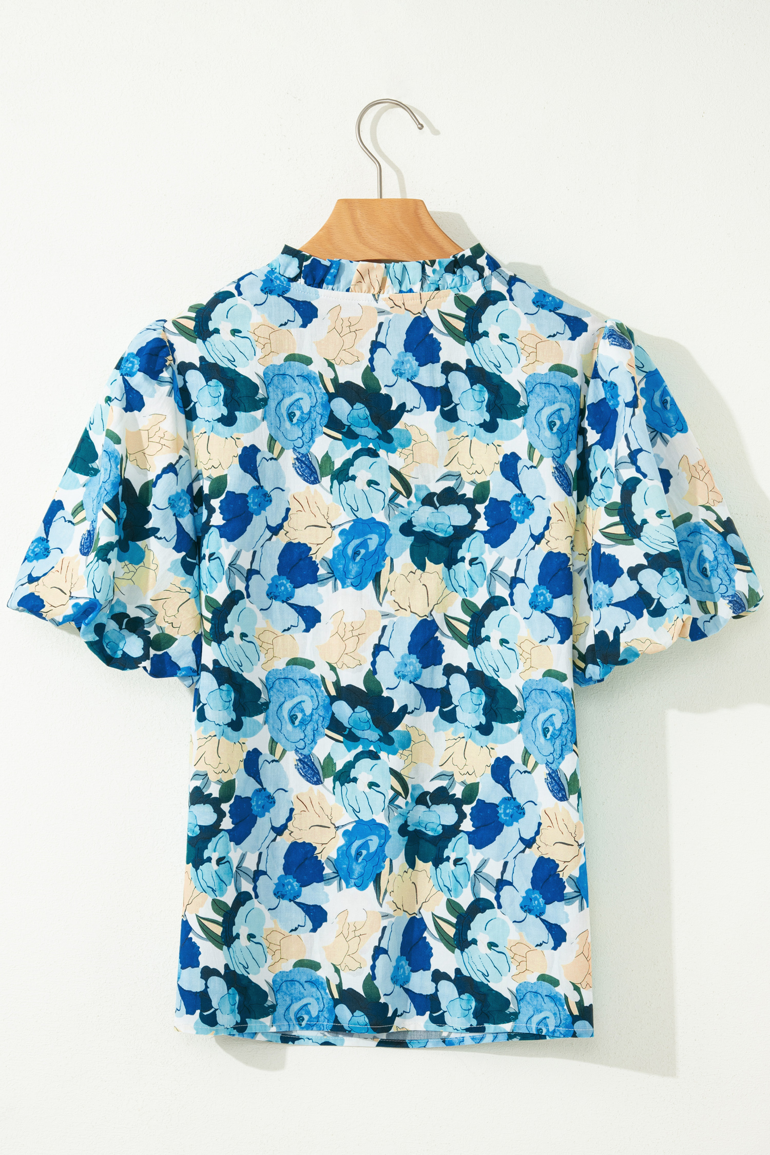 Casual Sky Blue Floral Blouse for Women – Short Puff Sleeve V Neck Top for Daily Wear - Detail View 5 Casual Sky Blue Floral Blouse for Women – Short Puff Sleeve V Neck Top for Daily Wear - Detail View 5