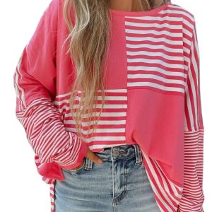 Women's Pink Stripe Color Block Tunic Top – Casual Long Sleeve for Spring Outings - Main View