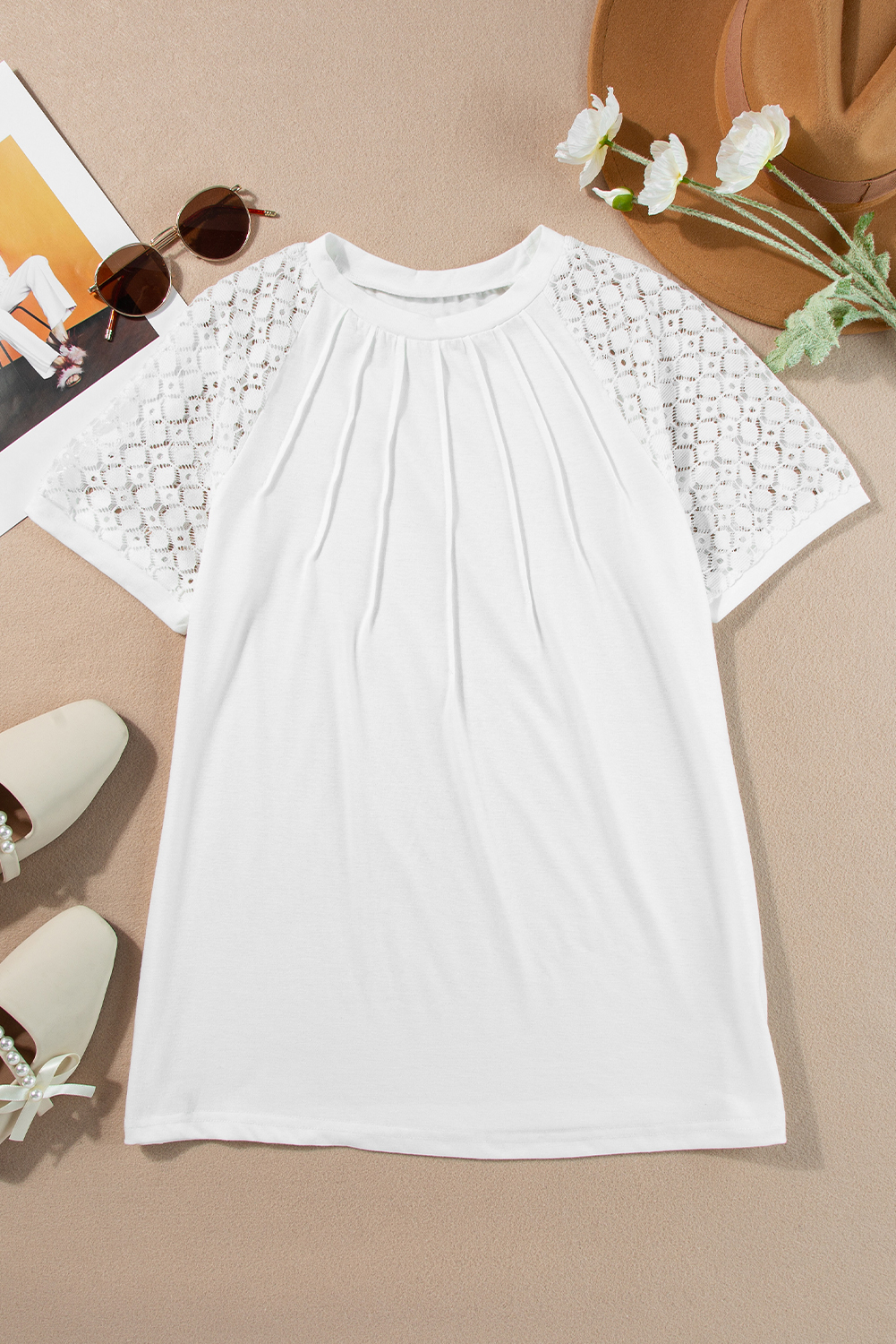 Women's White Lace Detail Raglan Sleeve Tee – Casual Summer Top for Everyday Wear - Detail View 13 Women's White Lace Detail Raglan Sleeve Tee – Casual Summer Top for Everyday Wear - Detail View 13