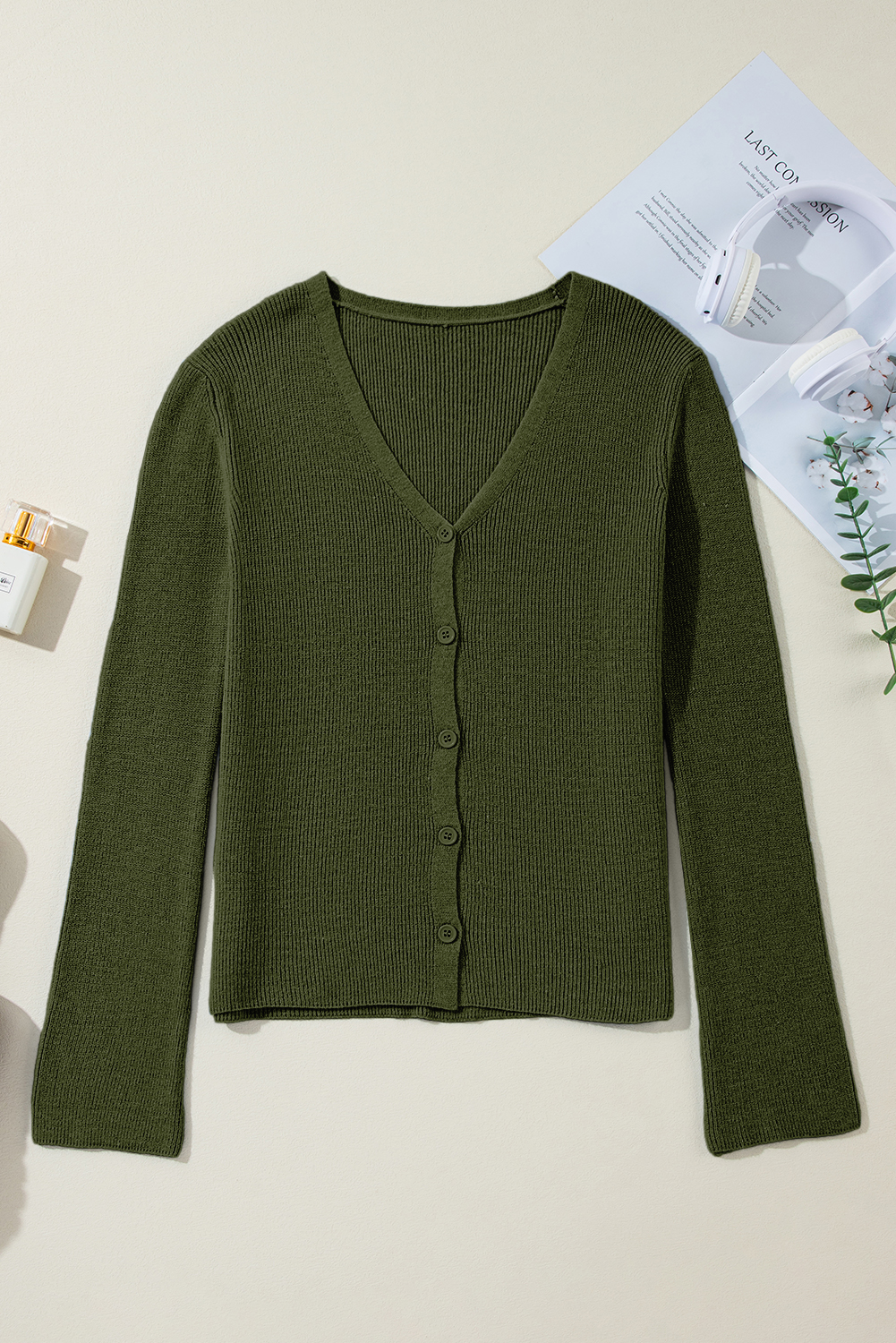 Women's Moss Green Lightweight Ribbed Knit Button Front V Neck Cardigan for Daily Wear - Detail View 9 Women's Moss Green Lightweight Ribbed Knit Button Front V Neck Cardigan for Daily Wear - Detail View 9