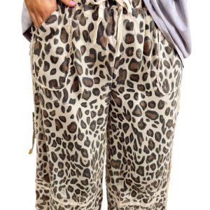 Women's Khaki Leopard Print Wide Leg Pants – Stylish Casual Drawstring Trousers for Daily Wear - Main View