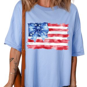 Women's Myosotis American Flag Bow Knot Print Half Sleeve T-Shirt - Main View