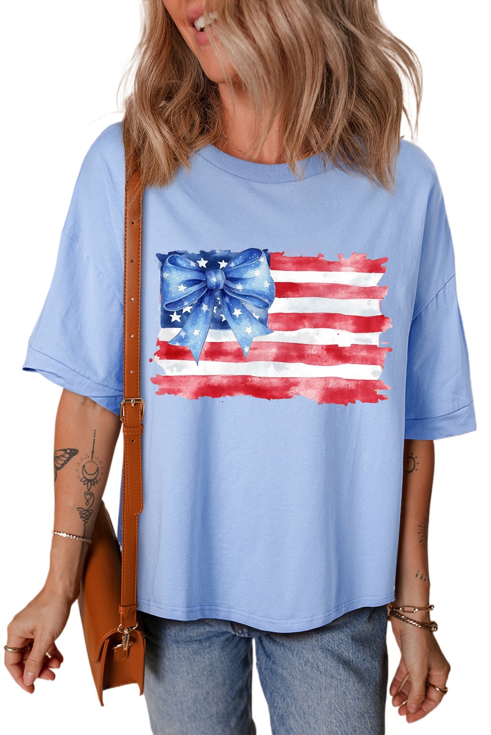 Women's Myosotis American Flag Bow Knot Print Half Sleeve T-Shirt - Main View Women's Myosotis American Flag Bow Knot Print Half Sleeve T-Shirt - Main View