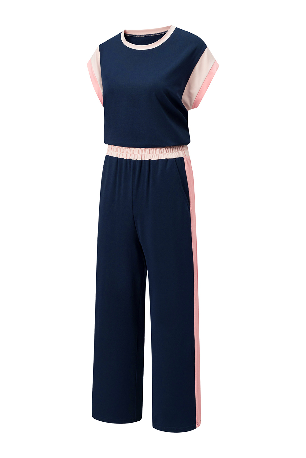 Navy Blue Contrast Trim Wide-Leg Two-Piece Outfit for Women – Summer Casual Style - Detail View 5 Navy Blue Contrast Trim Wide-Leg Two-Piece Outfit for Women – Summer Casual Style - Detail View 5