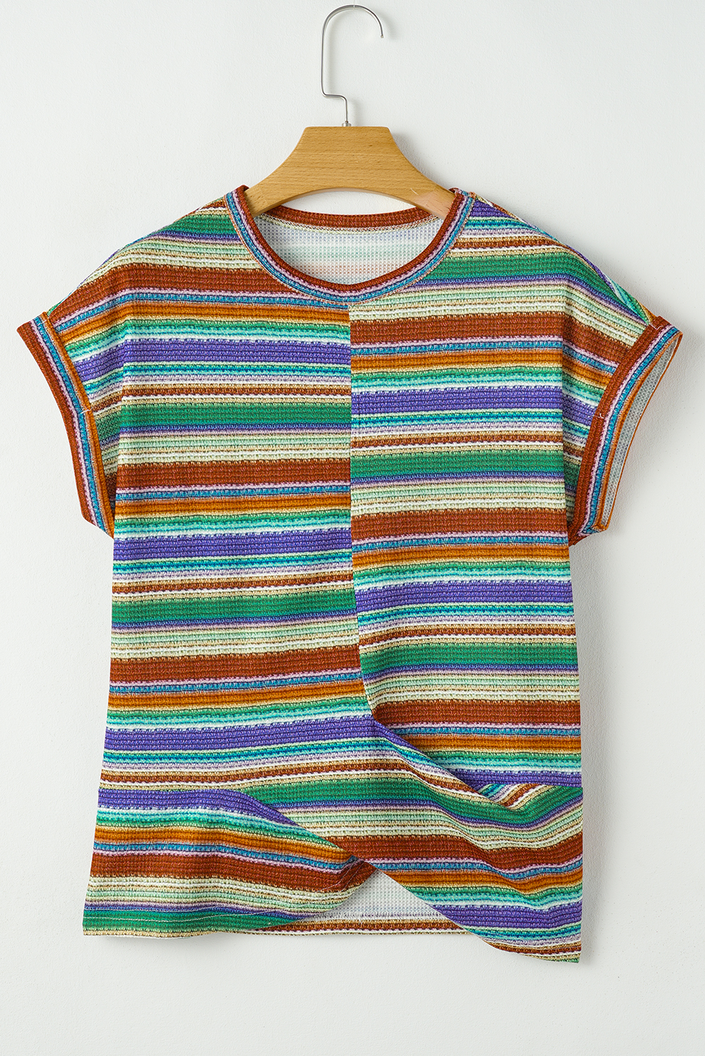 Women's Top, Multicolor, Striped Pattern, Twist Hem, Short Sleeve, Casual Style, Summer Wear, Comfortable, Daily Wear, Round Neck, Shift Silhouette, Versatile Fashion, Tops & Tees - Detail View 4 Women's Top, Multicolor, Striped Pattern, Twist Hem, Short Sleeve, Casual Style, Summer Wear, Comfortable, Daily Wear, Round Neck, Shift Silhouette, Versatile Fashion, Tops & Tees - Detail View 4