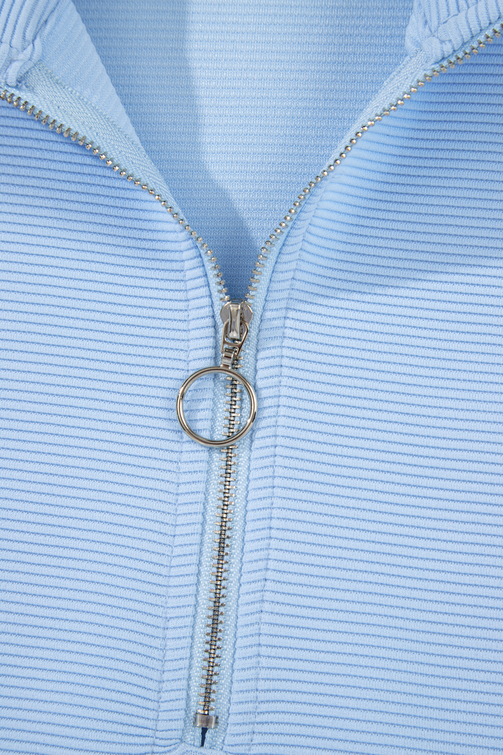 Women's Beau Blue Ribbed Texture Half Zip Ruffled Short Sleeve Top and Shorts Set - Detail View 13 Women's Beau Blue Ribbed Texture Half Zip Ruffled Short Sleeve Top and Shorts Set - Detail View 13