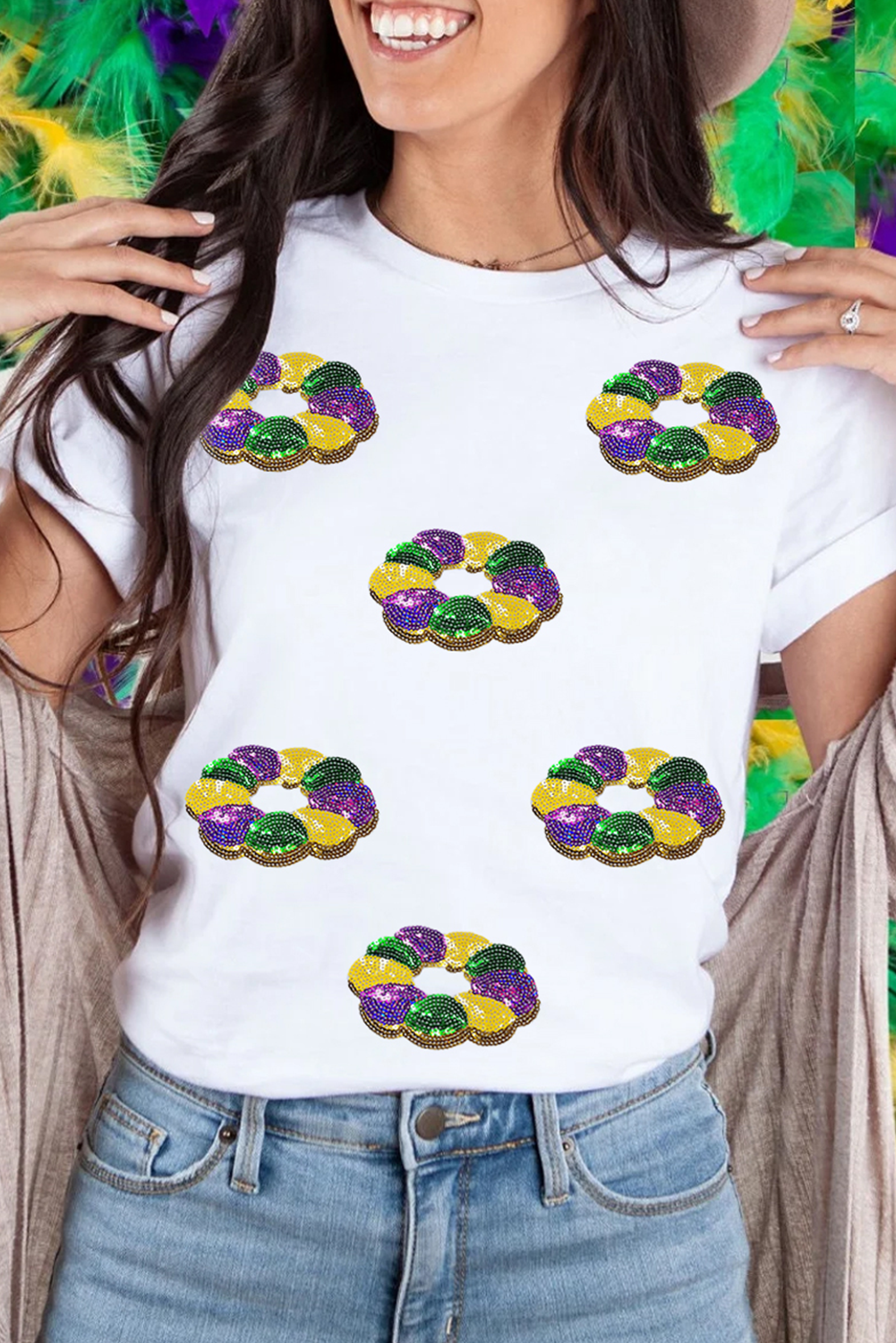 Stylish White Crew Neck Top with Colorful Mardi Gras Sequin Design - Detail View 2 Stylish White Crew Neck Top with Colorful Mardi Gras Sequin Design - Detail View 2
