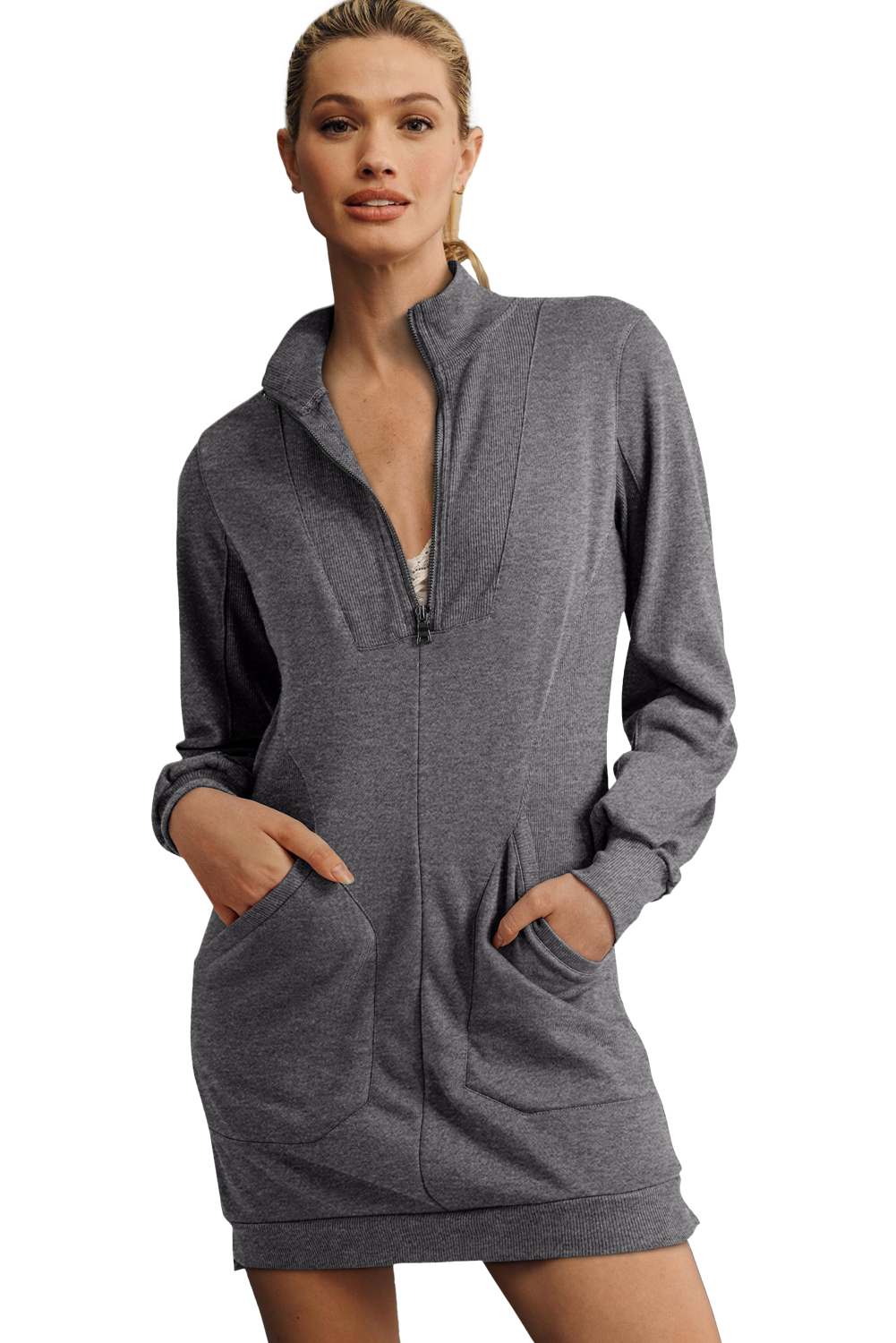 Cozy Women's Patchwork Ribbed Dress in Dark Grey – Long Sleeve Daily Comfort - Detail View 26 Cozy Women's Patchwork Ribbed Dress in Dark Grey – Long Sleeve Daily Comfort - Detail View 26