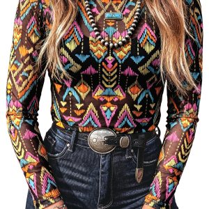 Women's Abstract Print Mesh Top, Long Sleeve Stand Neck Tee - Main View