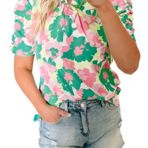 Elegant Women's Green Abstract Print Frilly Neck Ruched Short Sleeve Blouse - Main View