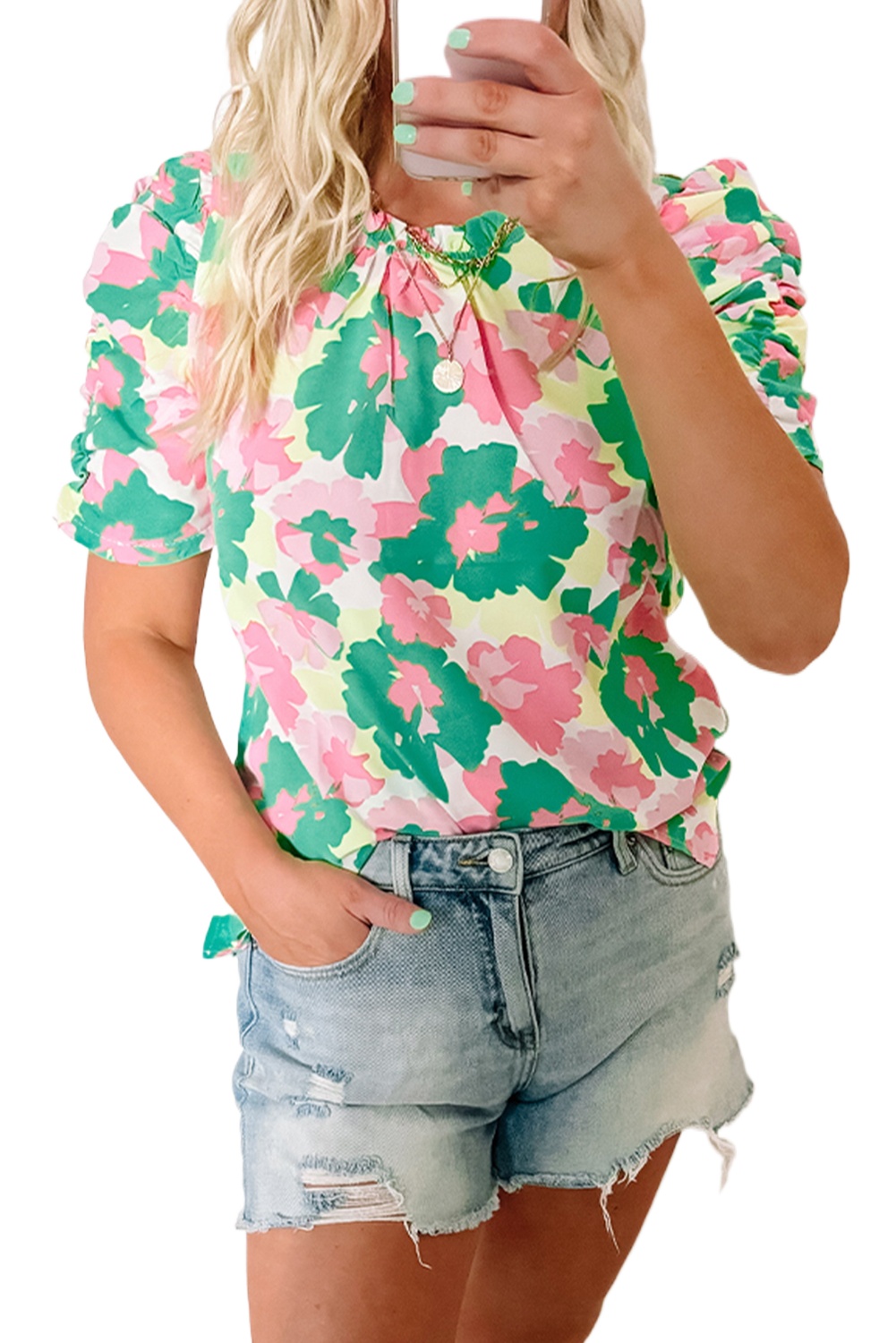 Elegant Women's Green Abstract Print Frilly Neck Ruched Short Sleeve Blouse - Main View Elegant Women's Green Abstract Print Frilly Neck Ruched Short Sleeve Blouse - Main View