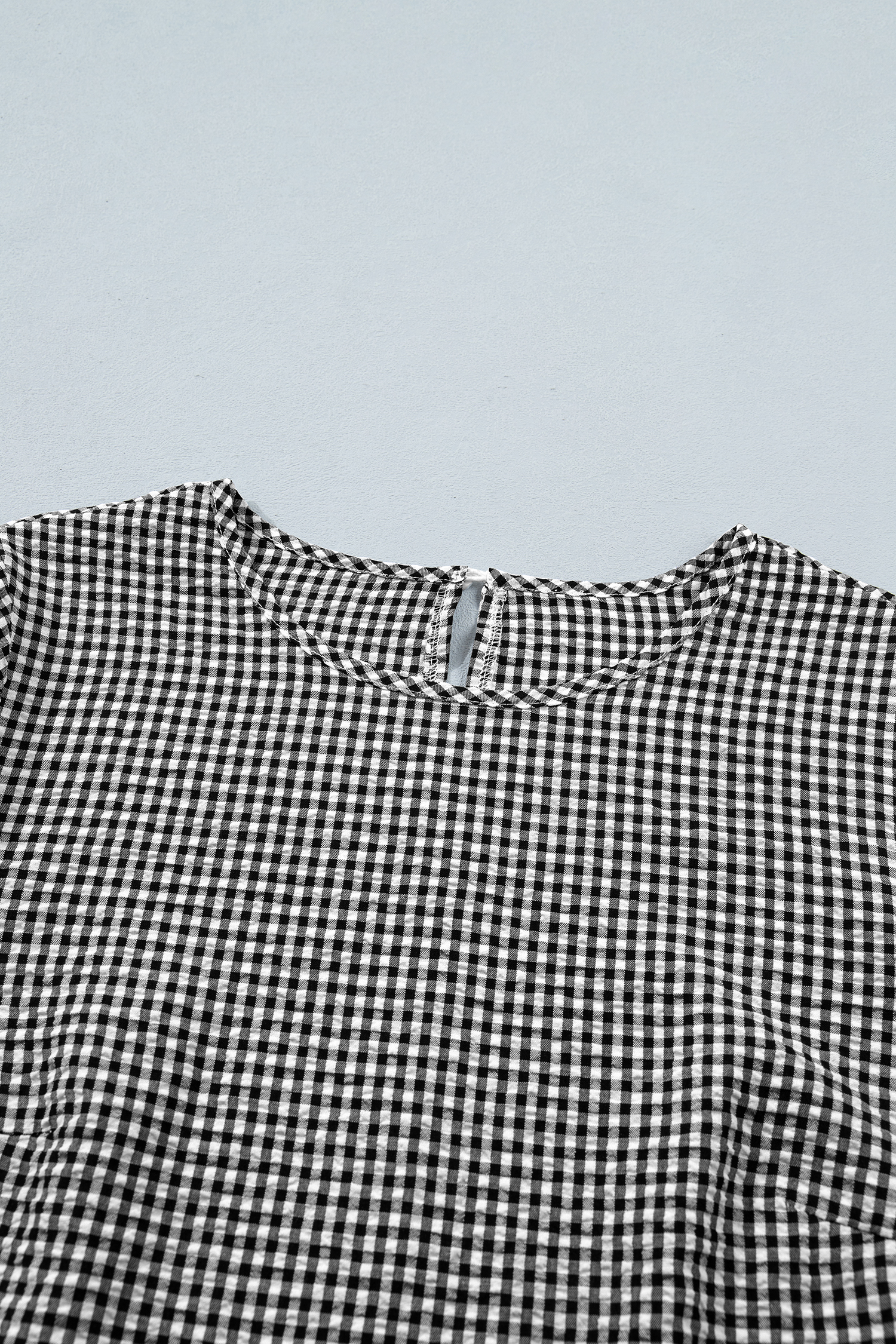 Women's Black Plaid Ruffled Blouse – Casual Half Sleeve Round Neck Top, Stylish Gift for Her - Detail View 21 Women's Black Plaid Ruffled Blouse – Casual Half Sleeve Round Neck Top, Stylish Gift for Her - Detail View 21