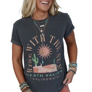 Women's Dark Grey 'RISE WITH THE SUN' Western Fashion Graphic Tee - Main View