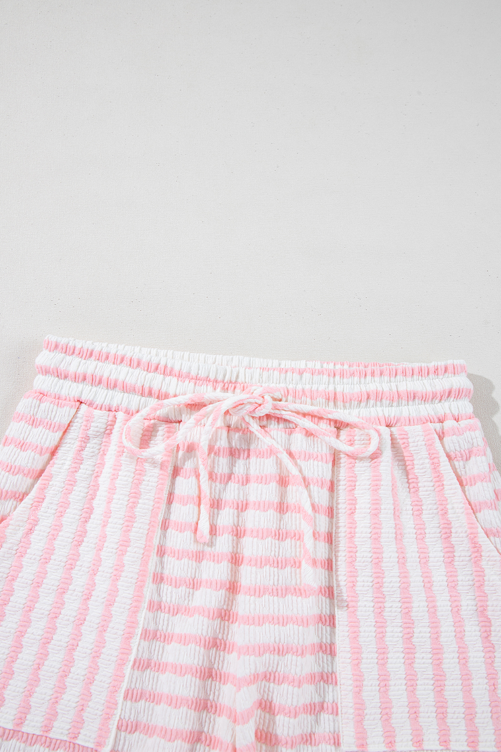 Chic Pink Stripe Knitted Short Sleeve Top and Drawstring Shorts Set for Women - Detail View 13 Chic Pink Stripe Knitted Short Sleeve Top and Drawstring Shorts Set for Women - Detail View 13