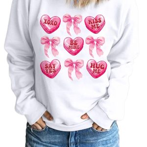 Women's White Valentine Candy Heart & Bow Graphic Sweatshirt for Casual Love Celebrations - Main View