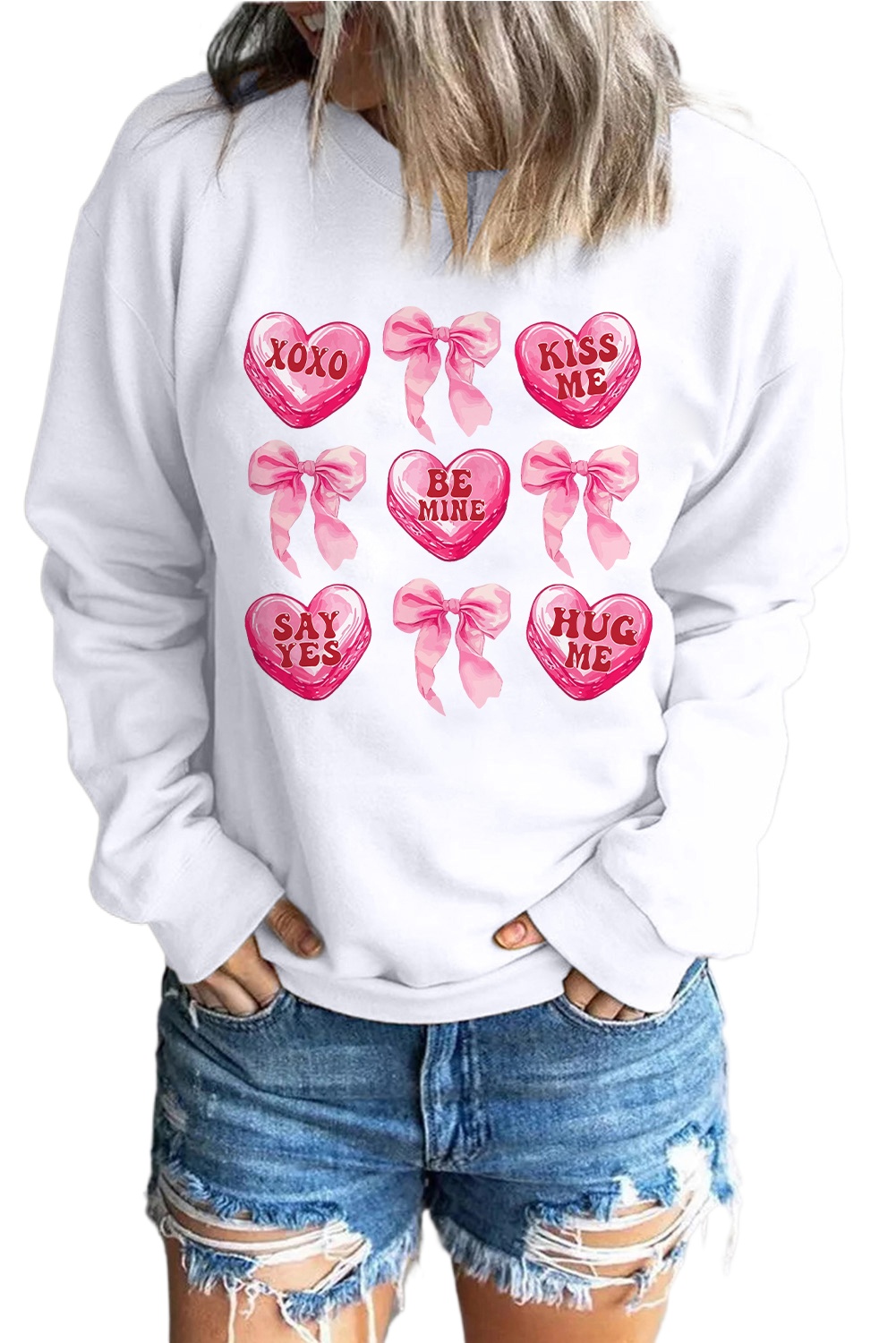 Women's White Valentine Candy Heart & Bow Graphic Sweatshirt for Casual Love Celebrations - Main View Women's White Valentine Candy Heart & Bow Graphic Sweatshirt for Casual Love Celebrations - Main View